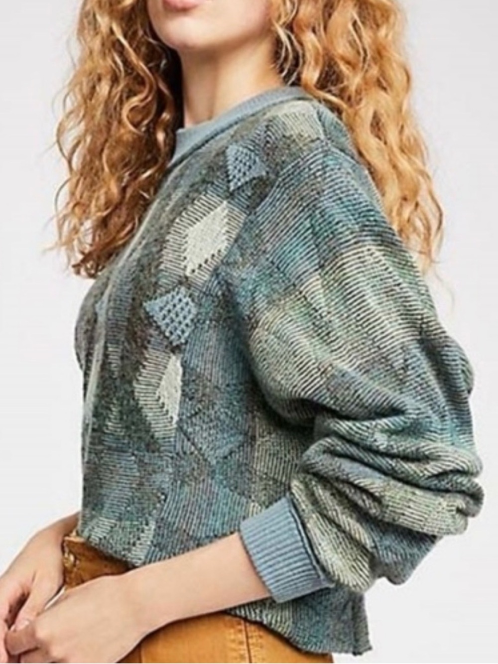 Free People Diamond Days Sweater Cropped Lightweight Medium M‎ Green Blue